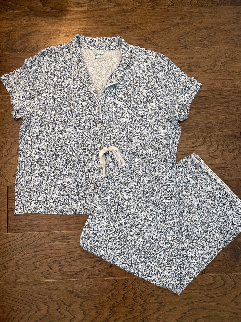 Haven Well Within Organic Cotton Jersey Tiny Leaves Pajama Set XL Blue/White